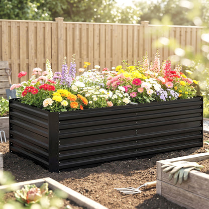 Raised Beds for Garden, Galvanised Steel Outdoor Planters with Multi-reinforced Rods, 180 x 90 x 59 cm, Black