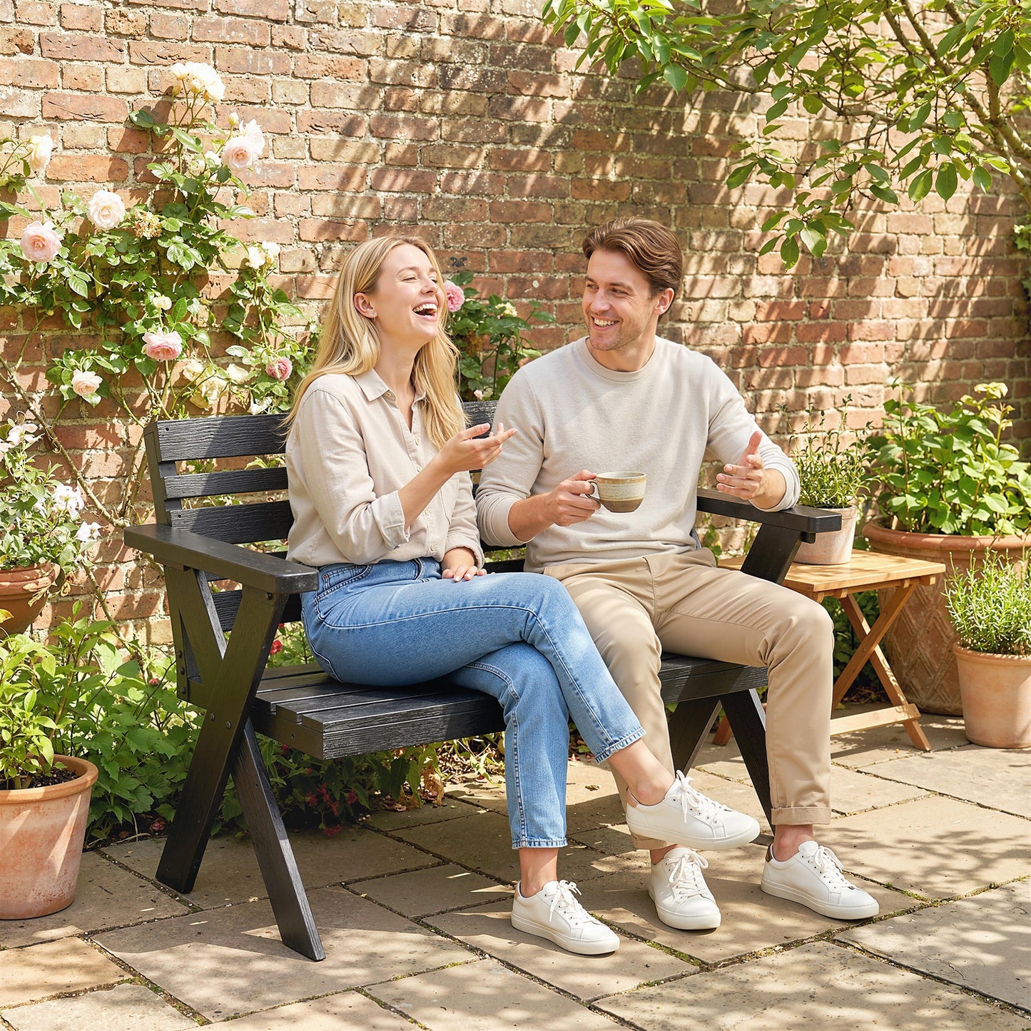 2 Seater Wooden Garden Bench, Slatted Patio Bench with Armrest and Backrest, Black