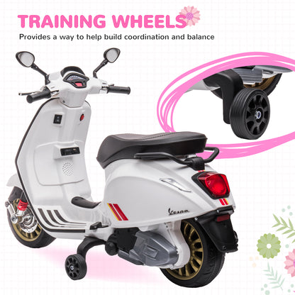 12V Vespa Licensed Kids Electric Motorbike w/ Music, Lights, FM Radio, for 3-6 Years - White