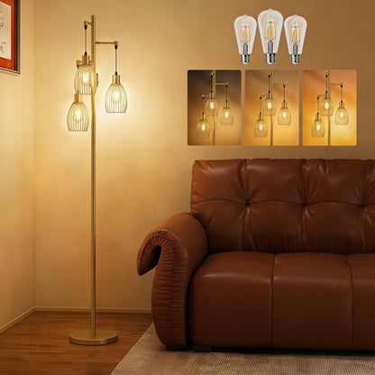 170.5cm Industrial Dimmable Standing Lamp, 3-Light Floor Lamp with Steel Wire Cage Lampshades, Gold Tone