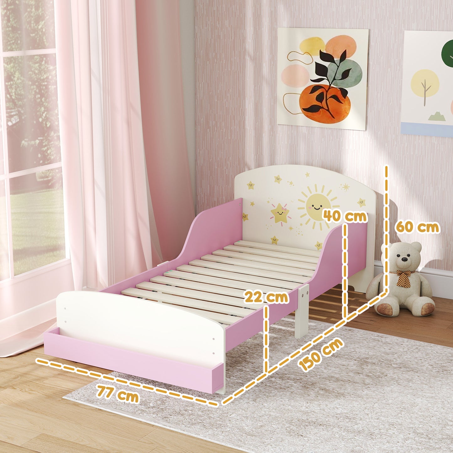 Toddler Bed with Storage, Guardrails, Sun Design, for Ages 3-8 Years, Fits 140 x 70cm Mattress