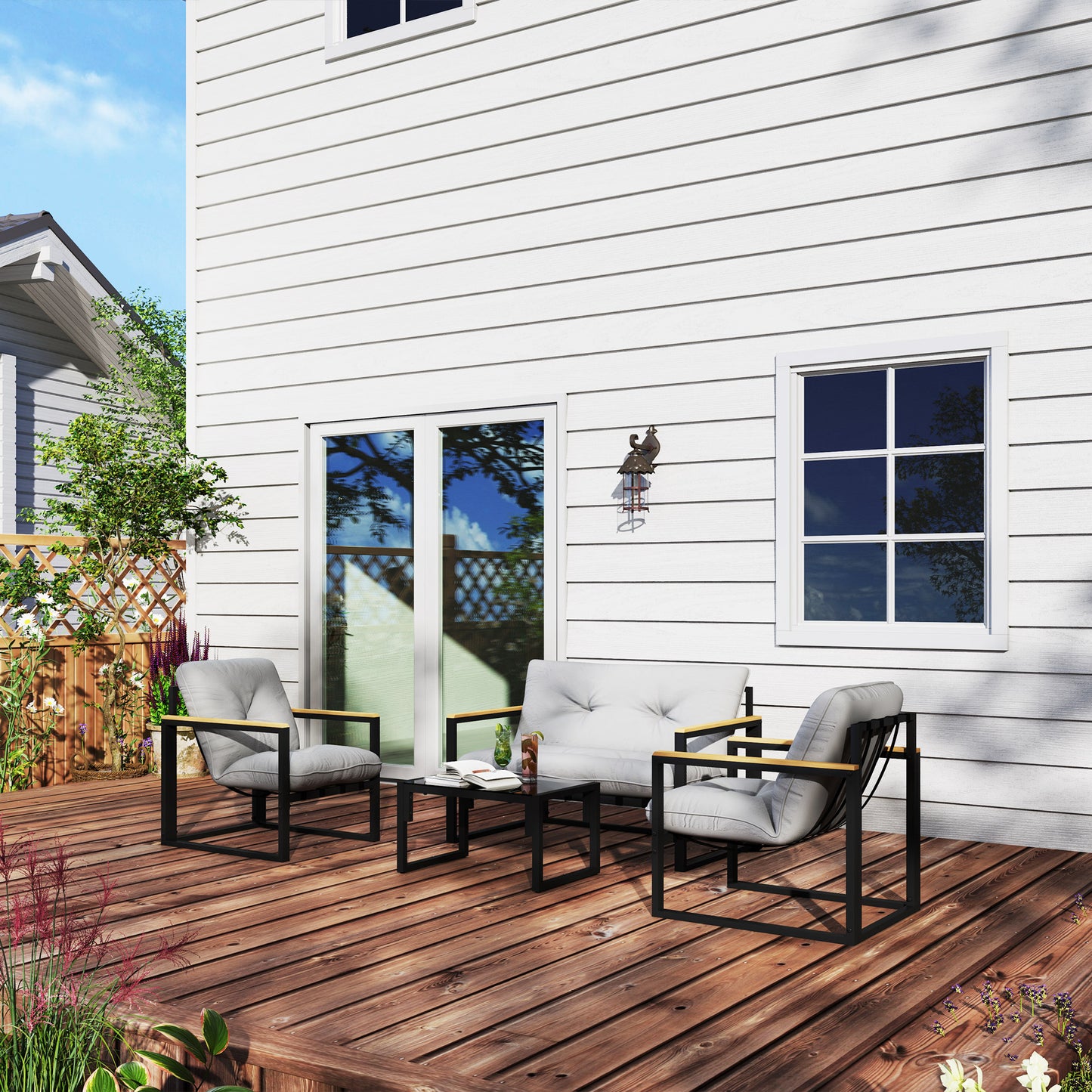 Garden Furniture Set, 4 Piece Indoor Outdoor Conservatory with Loveseat Sofa, Armchairs, Glass Top Coffee Table