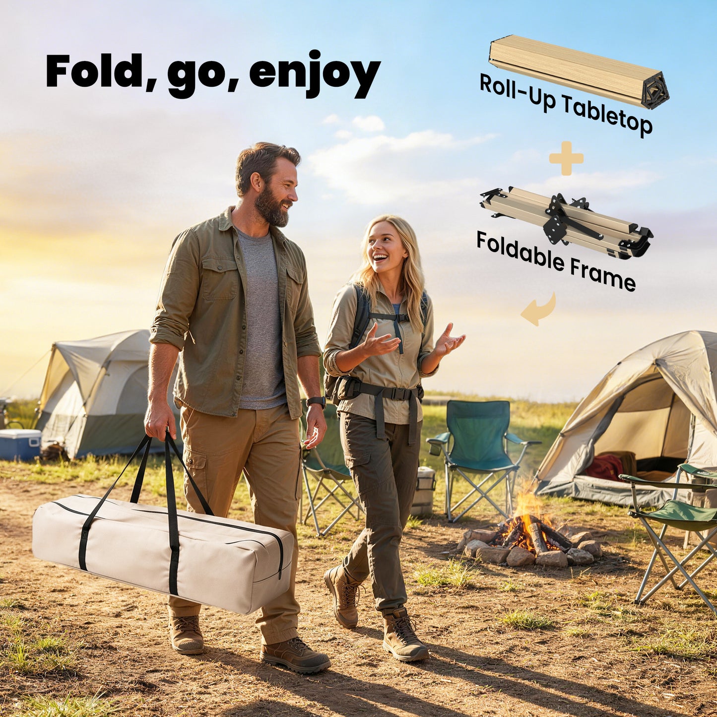 4ft Folding Camping Table, Waterproof Picnic Table with Roll Up Top, Carrying Bag and Metal Frame, Dark Brown