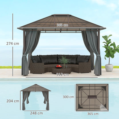 3 x 3.6m Hardtop Gazebo Canopy with Polycarbonate Roof Garden Pavilion with Removable Curtains and Steel Frame, Dark Grey