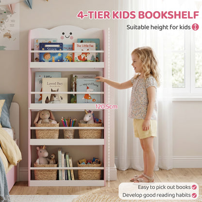 4 Tier Kids Bookshelf, Children Bookcase with Anti-Tip Kit, Toddler Space-Saving Bookcase for Kids Room, Playroom, Pink