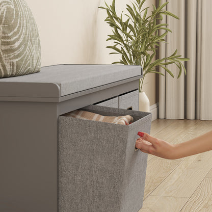 Three-Drawer Shoe Storage Bench, with Padded Top Seat - Grey