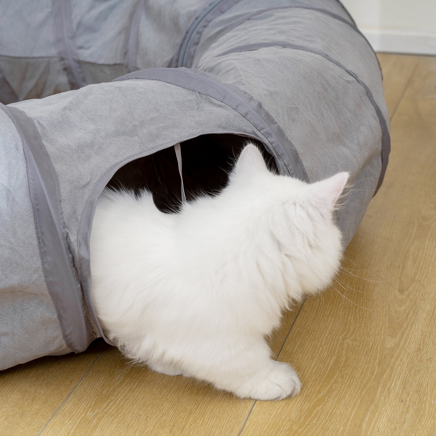 2 in 1 Cat Tunnel with Bed, Cat Play Tunnel with Ball & Peek Hole for Indoor Cats, Grey