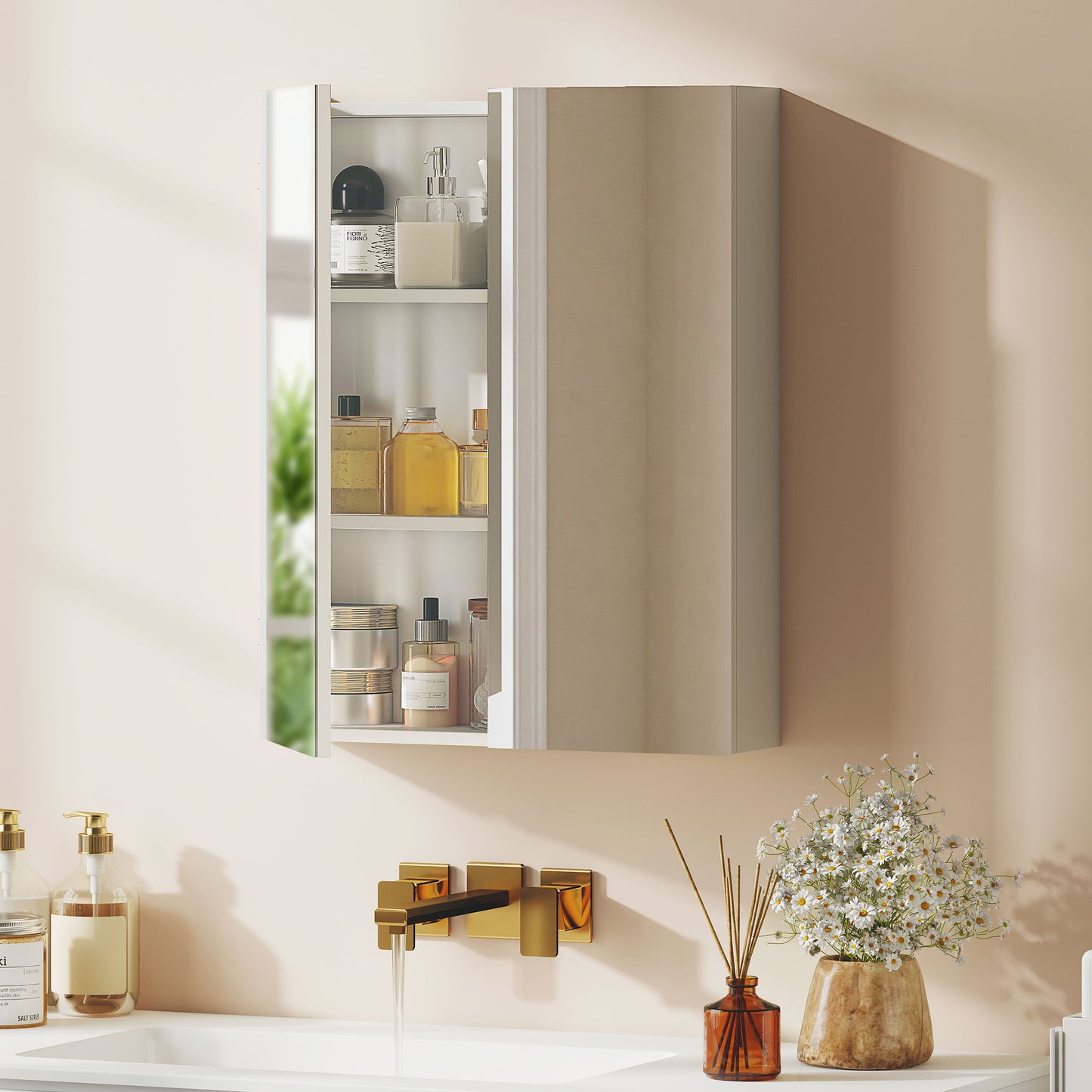 Bathroom Mirror Cabinet, 3-Tier Wall Mount Bathroom Storage Cabinet with Soft-Close Hinges and Adjustable Shelf