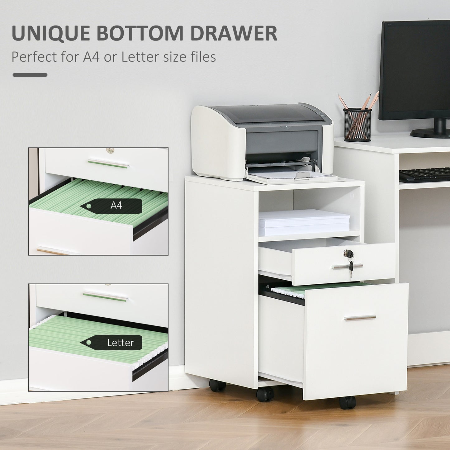Lockable Two-Drawer Filing Cabinet, with Wheels - White