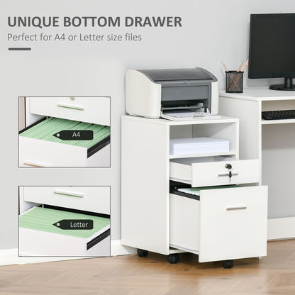 Lockable Two-Drawer Filing Cabinet, with Wheels - White