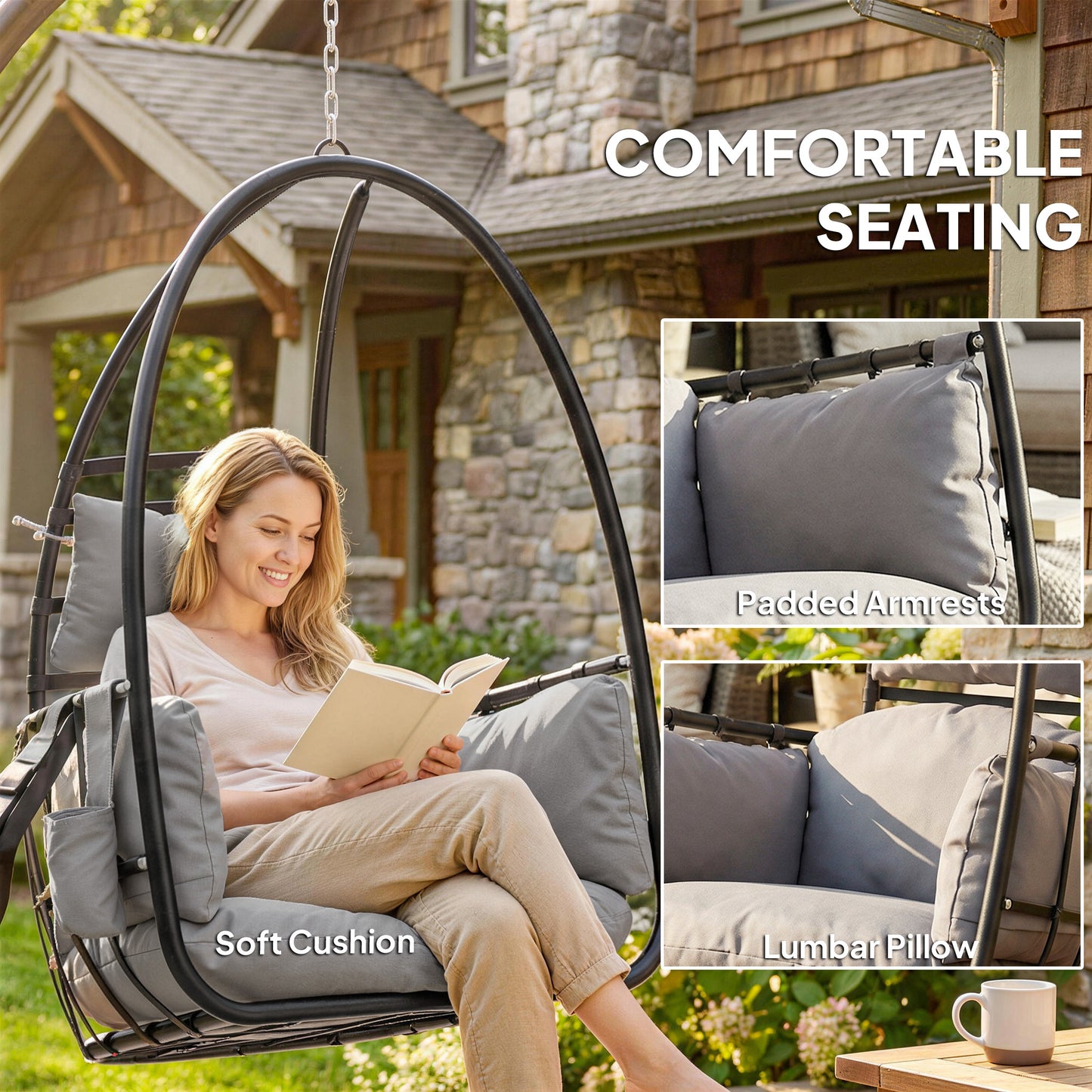 Hanging Egg Chair, Indoor Outdoor Swinging Hammock Chair with Stand, Foldable Basket, Side Pocket, Dark Grey