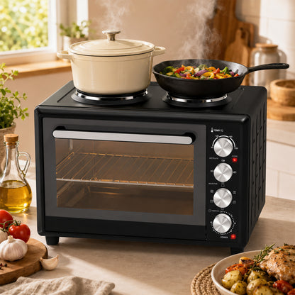 46L Mini Oven with Dual Hot Plates, Electric Countertop Cooker with Convection, 90–230°C Adjustable Temperature