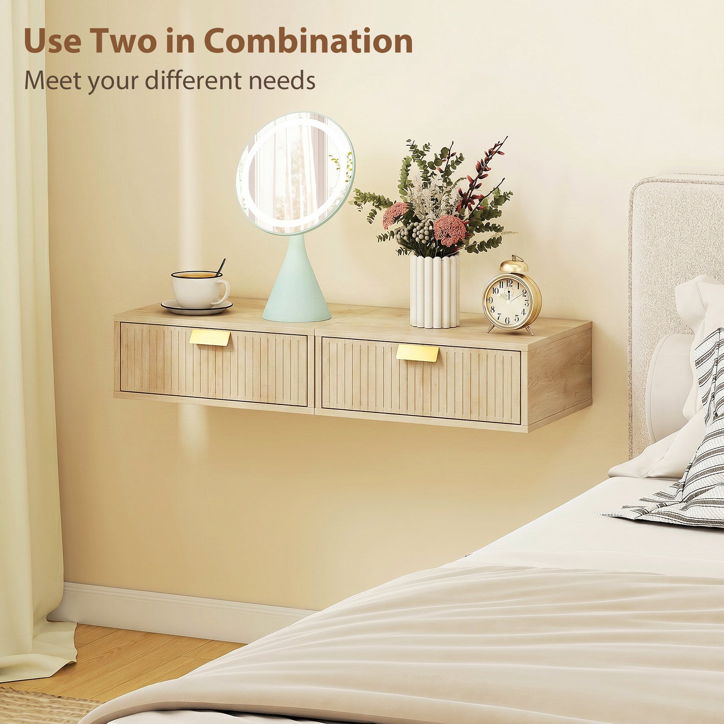 Modern Floating Nightstands Set of 2, Wall Mounted Bedside Tables with Wave Drawer Oak