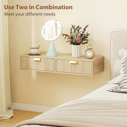 Modern Floating Nightstands Set of 2, Wall Mounted Bedside Tables with Wave Drawer Oak