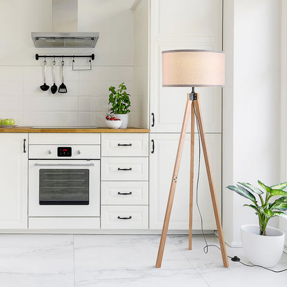 Floor Lamp with Elegant Wood Tripod, Free Standing E27 Bulb Lamp Versatile Use For Home Office - Beige