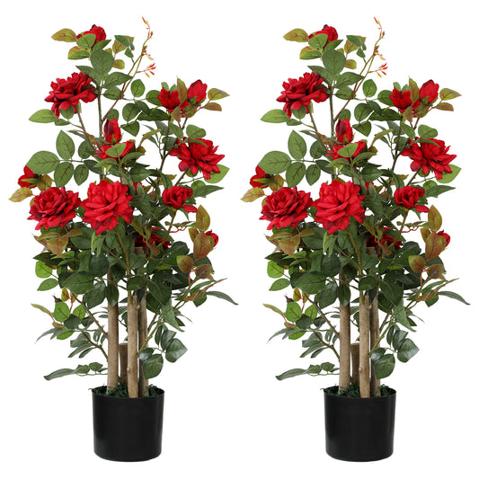 90cm Artificial Rose Tree Set of 2, Decorative Fake Plant with 344 Silk Leaves 17 Flowers for Outdoor Indoor Decor, Red