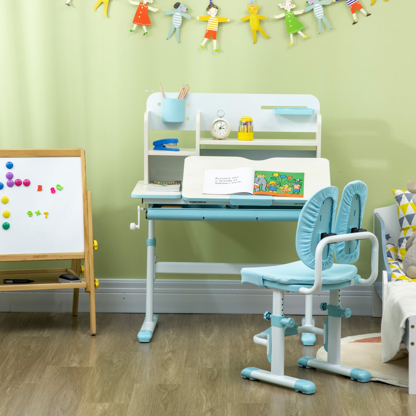 Kids Desk and Chair Set, with Storage Shelves, Washable Cover, for Ages 3-12 Years - Blue