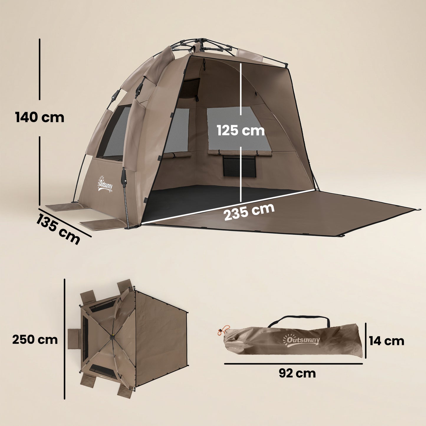 2-3 Person Pop Up Beach Tent, UPF15+ Sun Shelter with Extended Floor, Sandbags, Mesh Windows and Carry Bag, Brown