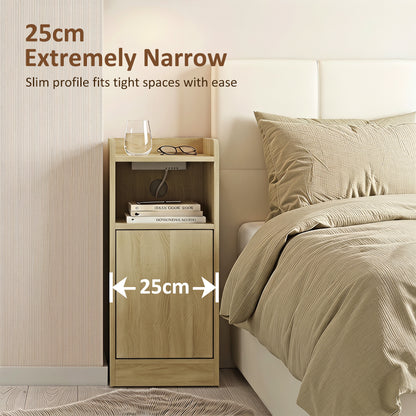 Slim Bedside Table Set of 2 with Charging Station, Narrow Bedside Cabinet with Adjustable Shelf, Oak