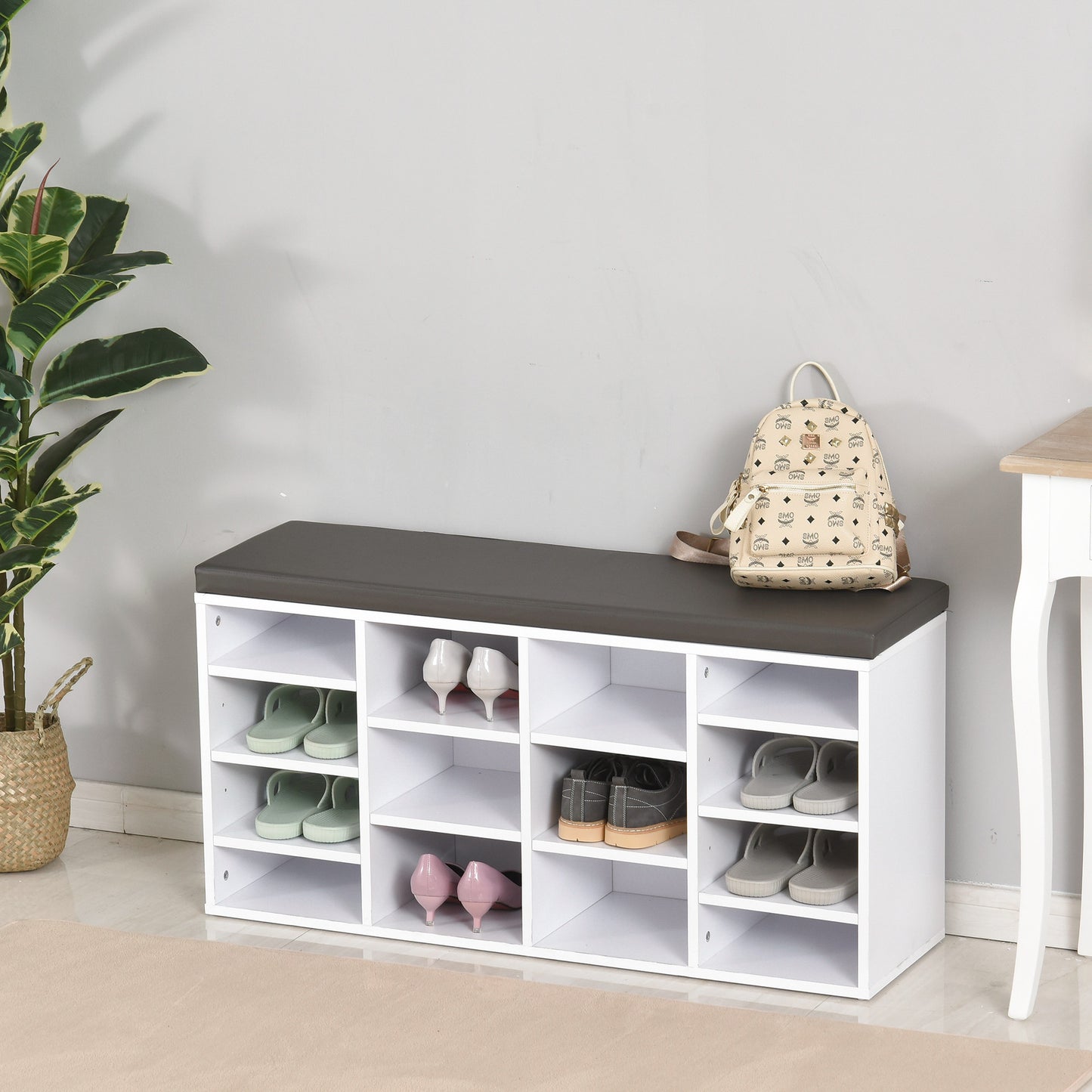 Multi-Storage Shoe Rack with 14 Compartments Cushion Moving Shelves, Solid Frame Foot Pads, White