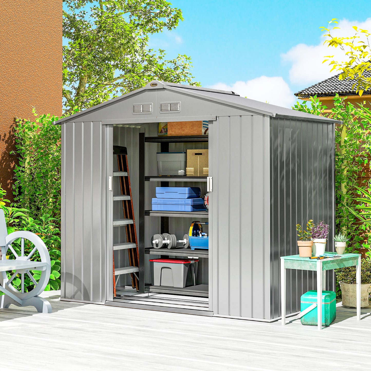 7 x 4ft Lockable Metal Garden Tool Storage Shed Storage - Light Grey