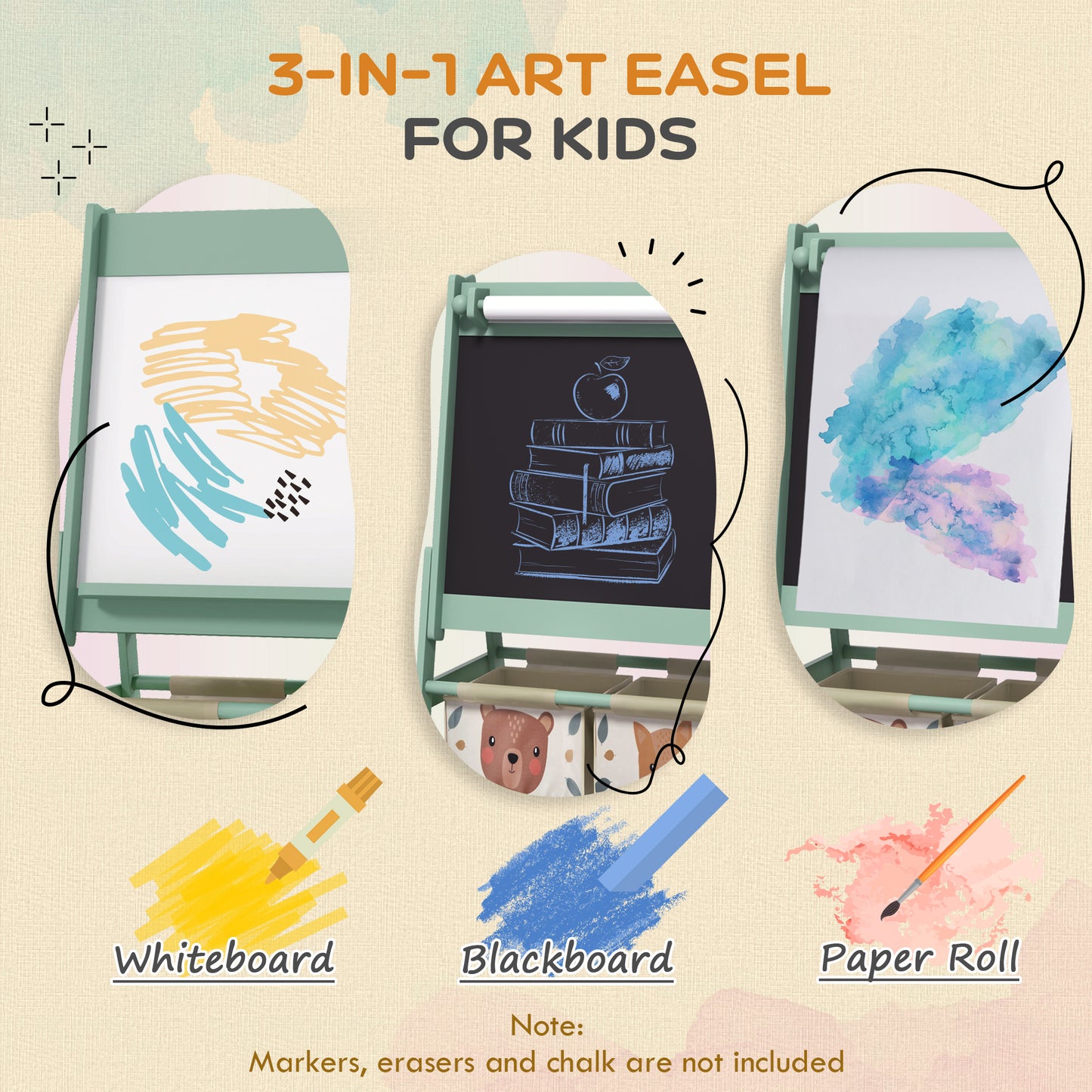 Three-In-One Kids Easel with Paper Roll, Art Easel, with Storage - Green