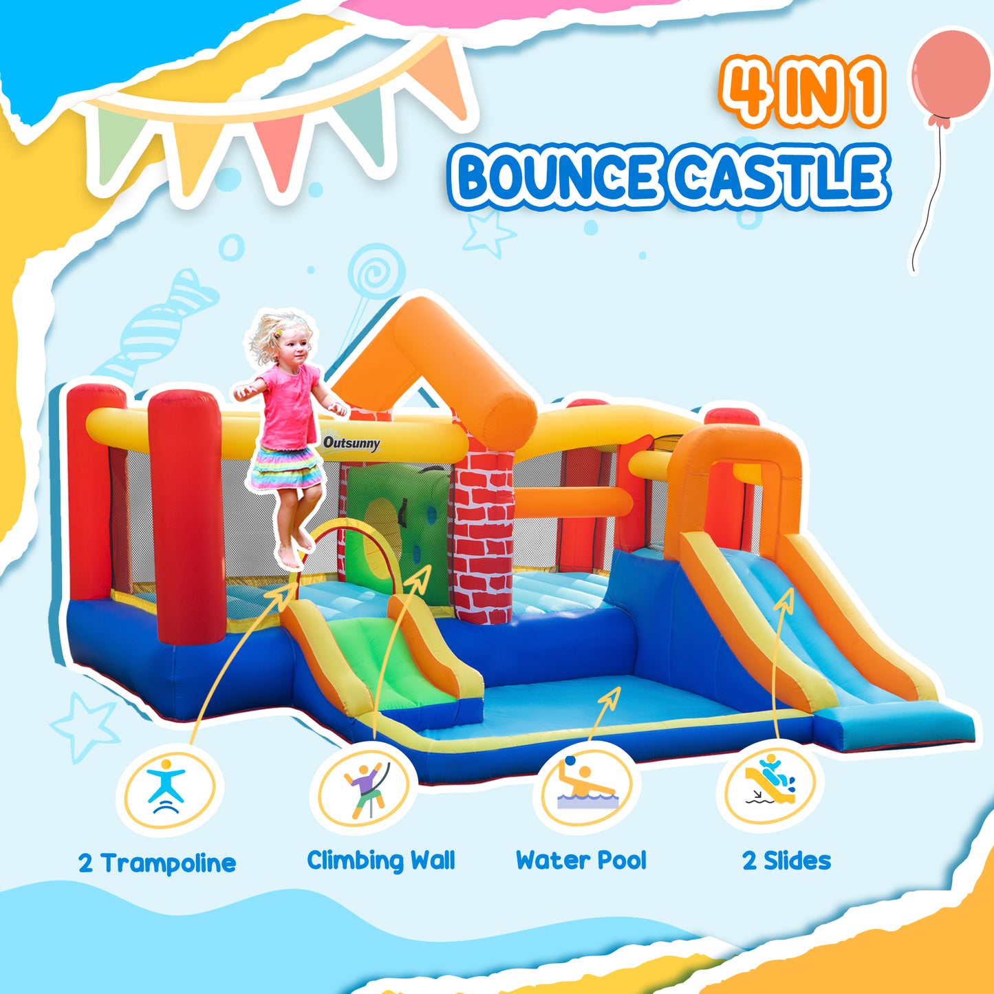 4 in 1 Kids Bouncy Castle Extra Large Double Slides & Trampoline Design Inflatable House Pool Climbing Wall with Blower Carry