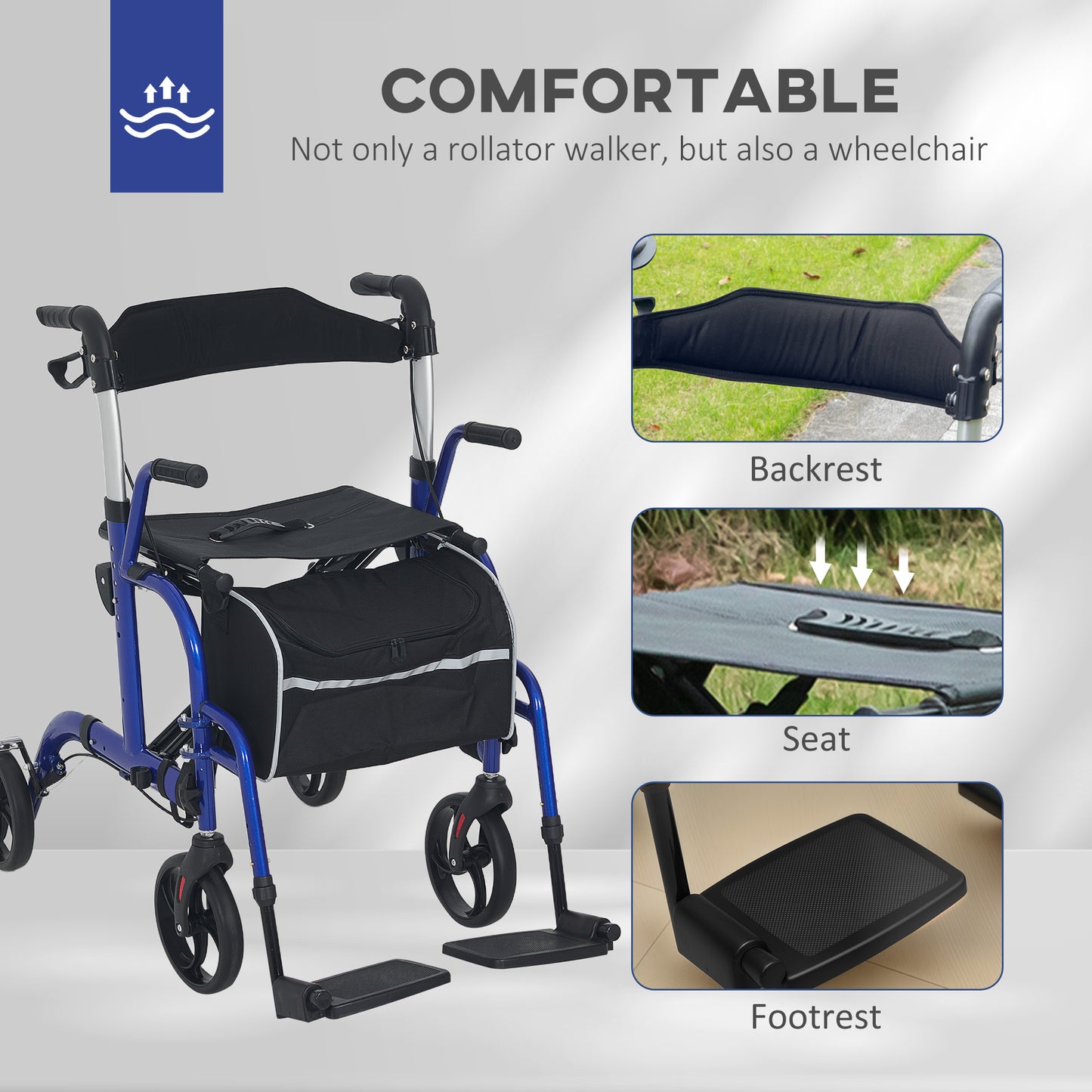 2 in 1 Wheelchair Transport Chair & Folding Rollator Walker with Seat, Backrest, Footrest, Lightweight Walking Frame