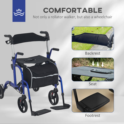 2 in 1 Wheelchair Transport Chair & Folding Rollator Walker with Seat, Backrest, Footrest, Lightweight Walking Frame