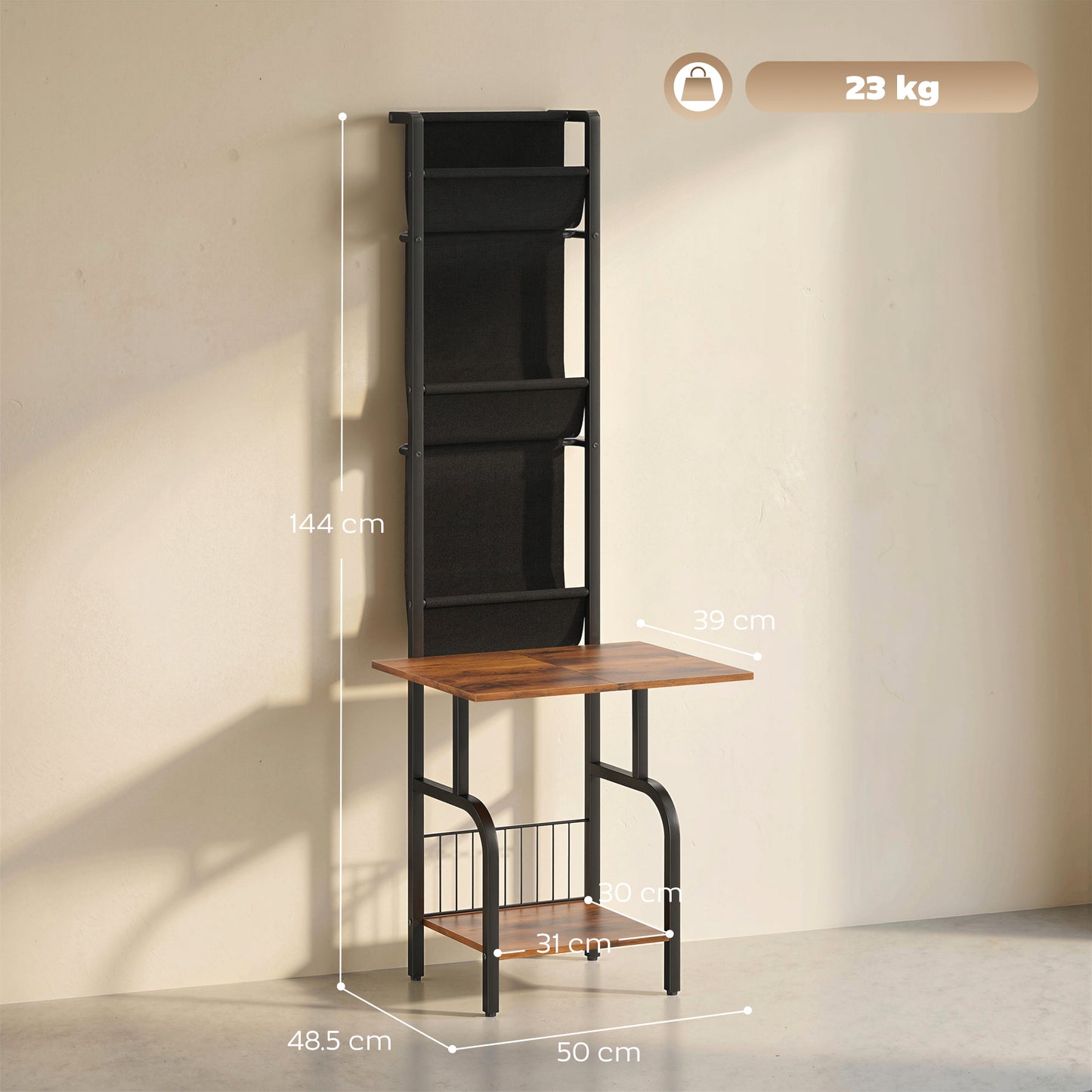 Vinyl Record Player Stand Record Storage with Player Stand Oxford Fabric Pockets Bottom Shelf Rustic Brown and Black