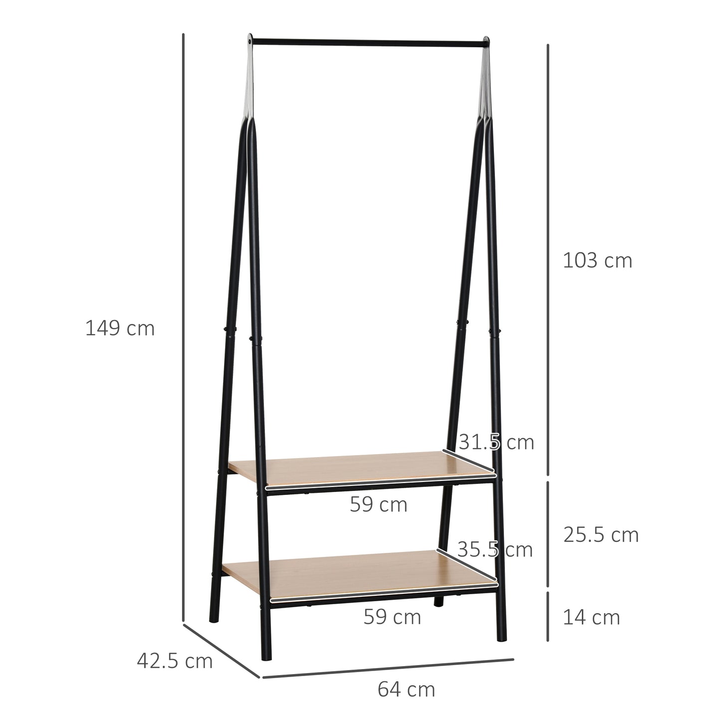 Clothes Rail, Freestanding Metal Clothes Rack with 2 Tier Storage Shelves for Bedroom and Entryway, 64 x 42.5 x 149 cm