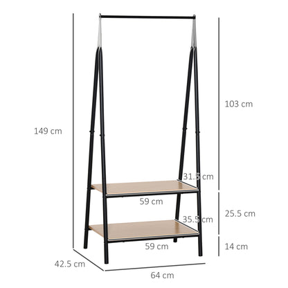 Clothes Rail, Freestanding Metal Clothes Rack with 2 Tier Storage Shelves for Bedroom and Entryway, 64 x 42.5 x 149 cm