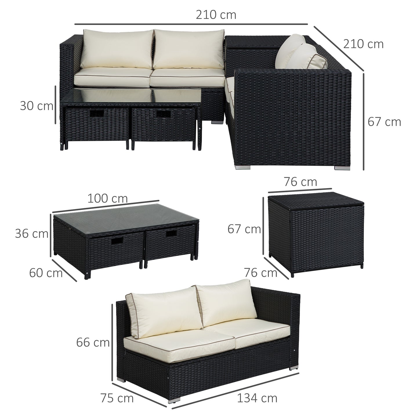 4 Seater Rattan Garden Furniture Set with Storage Box, 2 Drawers Coffee Table, Black