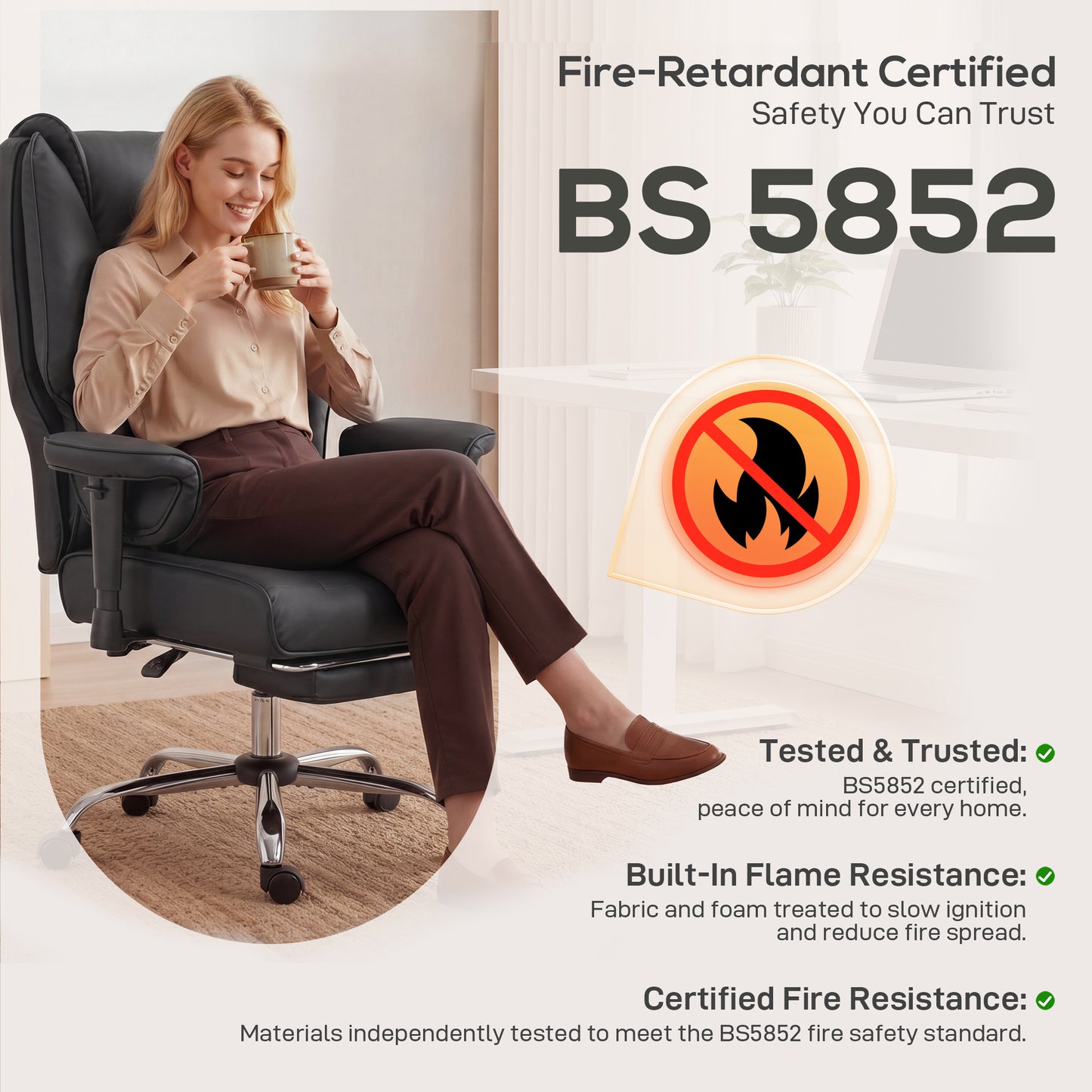 Executive Office Chair, Reclining Desk Chair with Footrest, Adjustable Armrests, Pet Friendly Faux Leather, Black