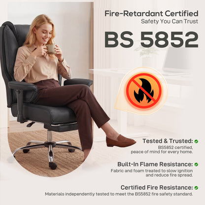 Executive Office Chair, Reclining Desk Chair with Footrest, Adjustable Armrests, Pet Friendly Faux Leather, Black