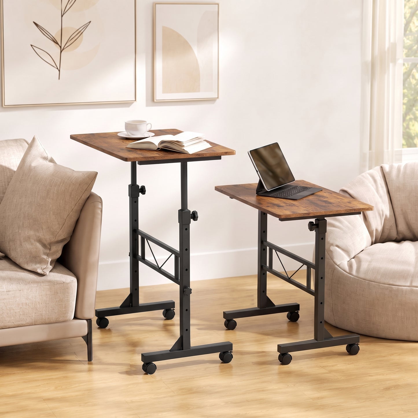 Overbed Table Adjustable Height Sofa Side Table with Wheels 80 x 40 cm Rustic Brown Black