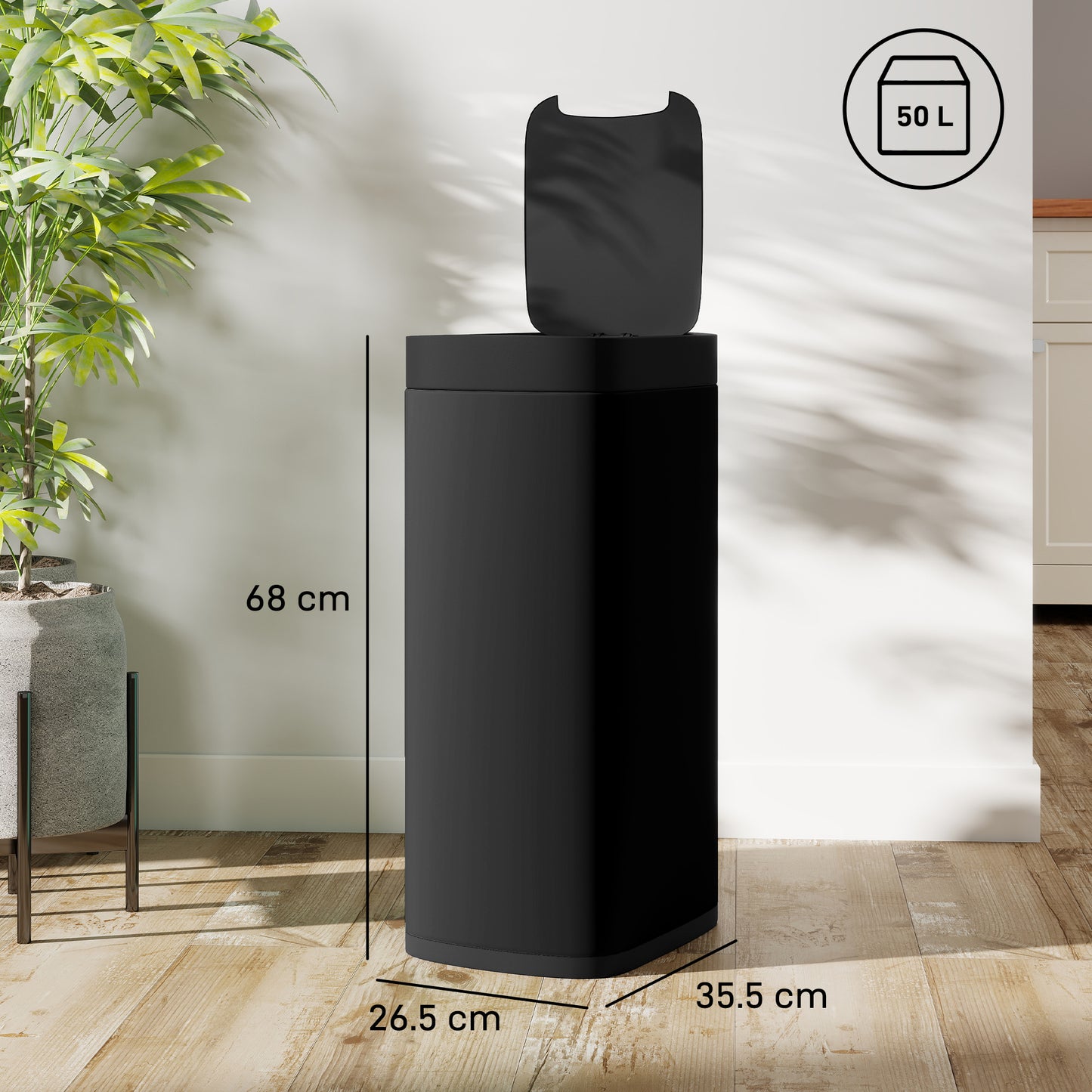 50L Sensor Bin, Automatic Kitchen Bin, Manual Override, Battery Operated, Inner-Bucket-Free, for Kitchen, Bedroom, Black