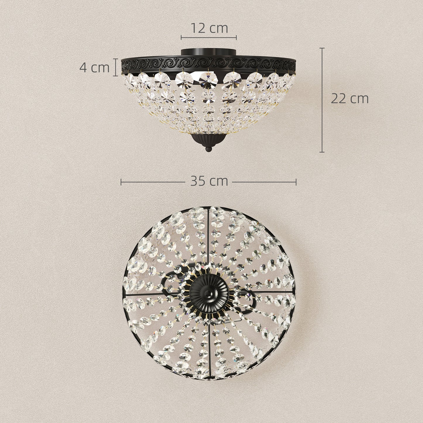 Crystal Chandelier Ceiling Light with 168 Octagonal Beads, Vintage 2-Light Flush Mount Ceiling Light for Living Room