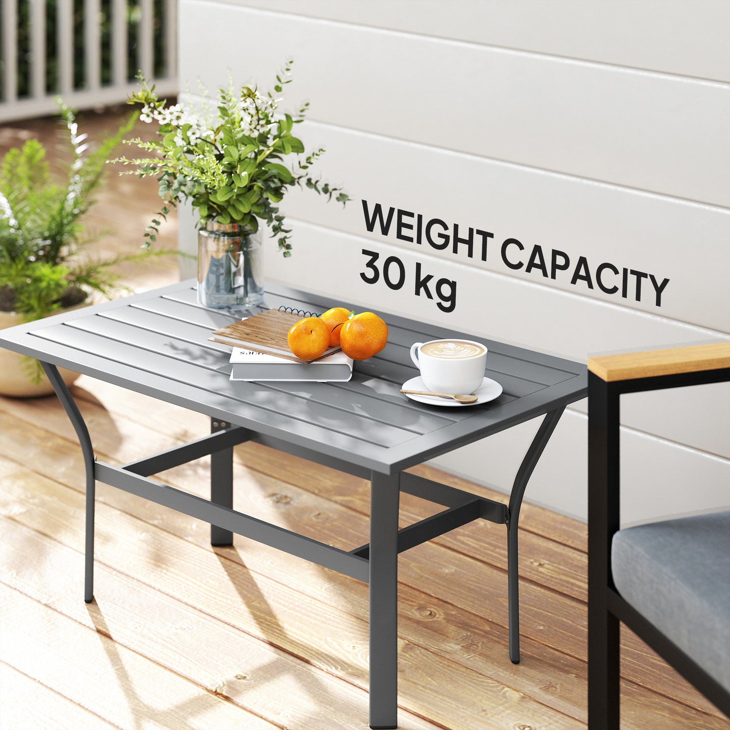 Metal Garden Coffee Table, Rectangular Outdoor Side Table with Slatted Tabletop, Foot Pads for Outside, Garden, Balcony