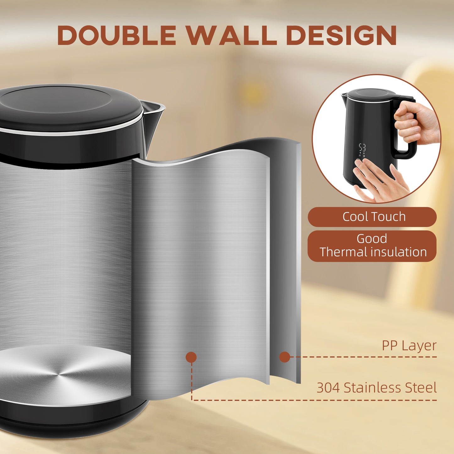 Polished Stainless Steel Kettle and Toaster Set - Black