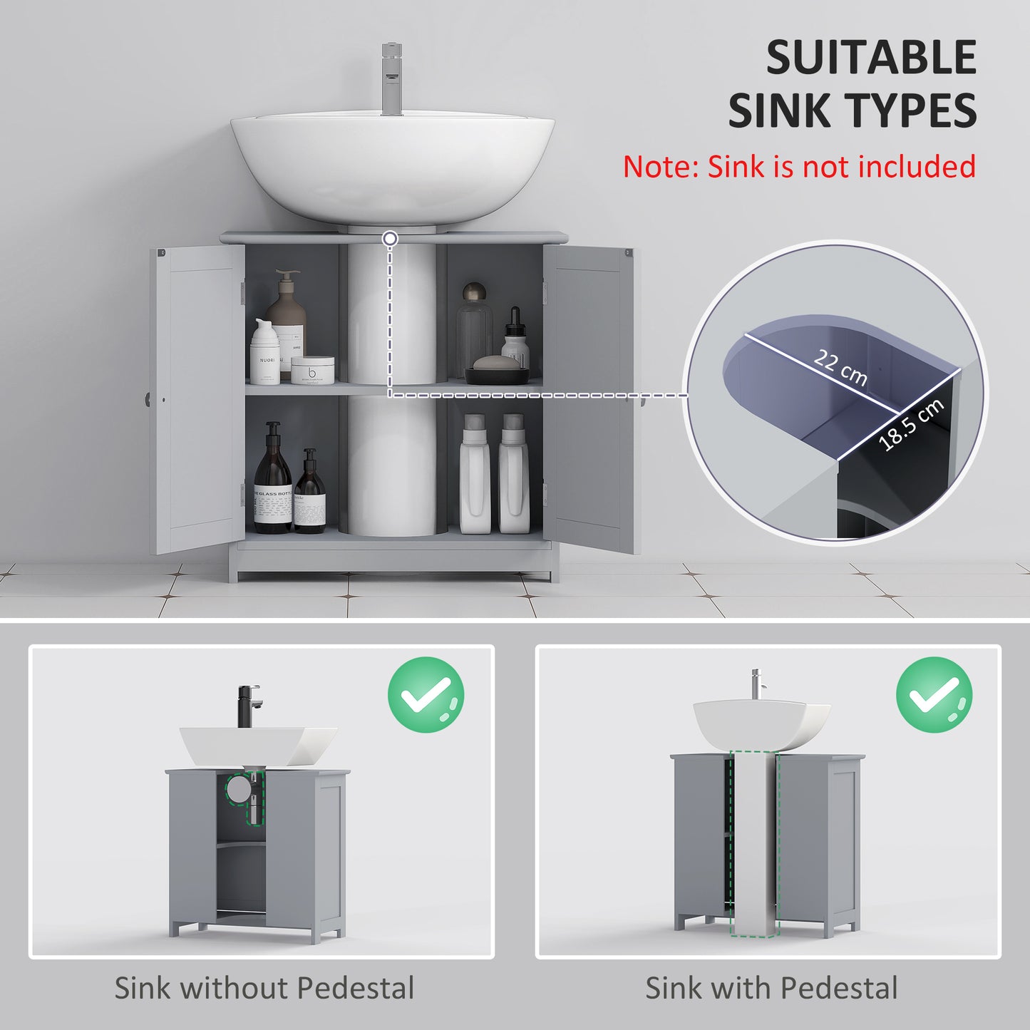 Under Sink Bathroom Cabinet, Freestanding Under Sink Cabinet with 2 Doors and Adjustable Shelf for Basin without or with Pede
