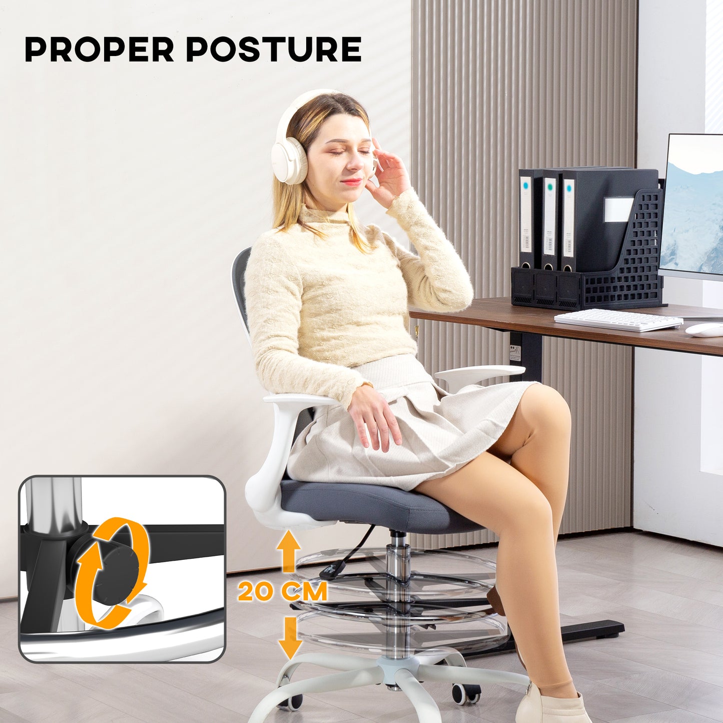 99-119 cm Draughtsman Chair, with Adjustable Footrest - Grey
