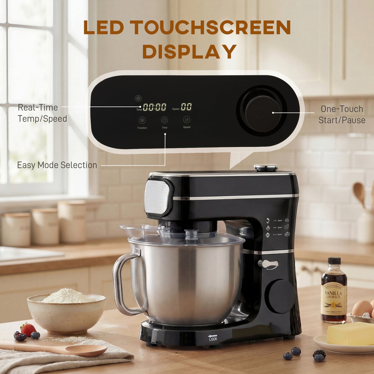 Stand Mixer, 6L 1400W Tilt-Head Food Mixer with 11 Speeds, Pulse & Fermentation Function, LED Display, Black
