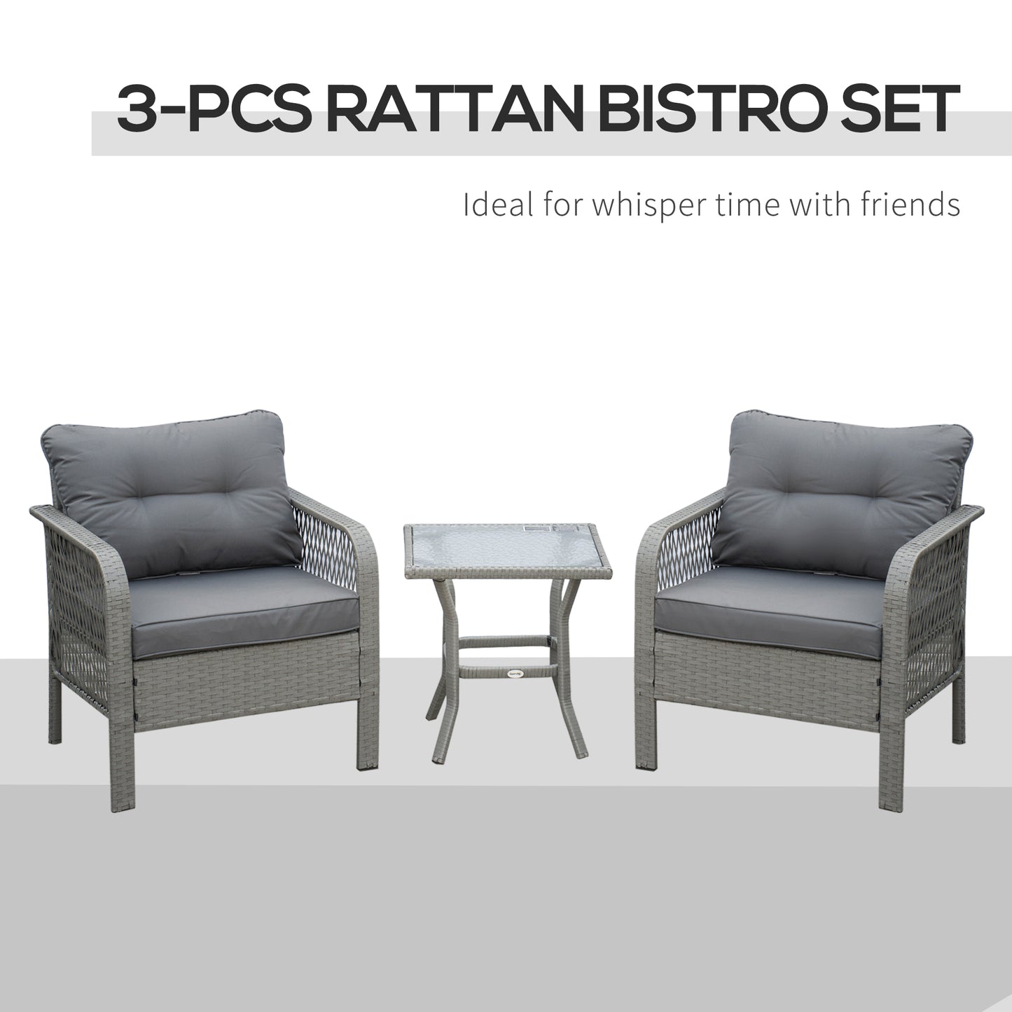 3 Pieces Rattan Bistro Set with Glass Top Coffee Table, Chairs and Cushions for Outdoor, Patio, Balcony, Grey