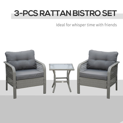 3 Pieces Rattan Bistro Set with Glass Top Coffee Table, Chairs and Cushions for Outdoor, Patio, Balcony, Grey