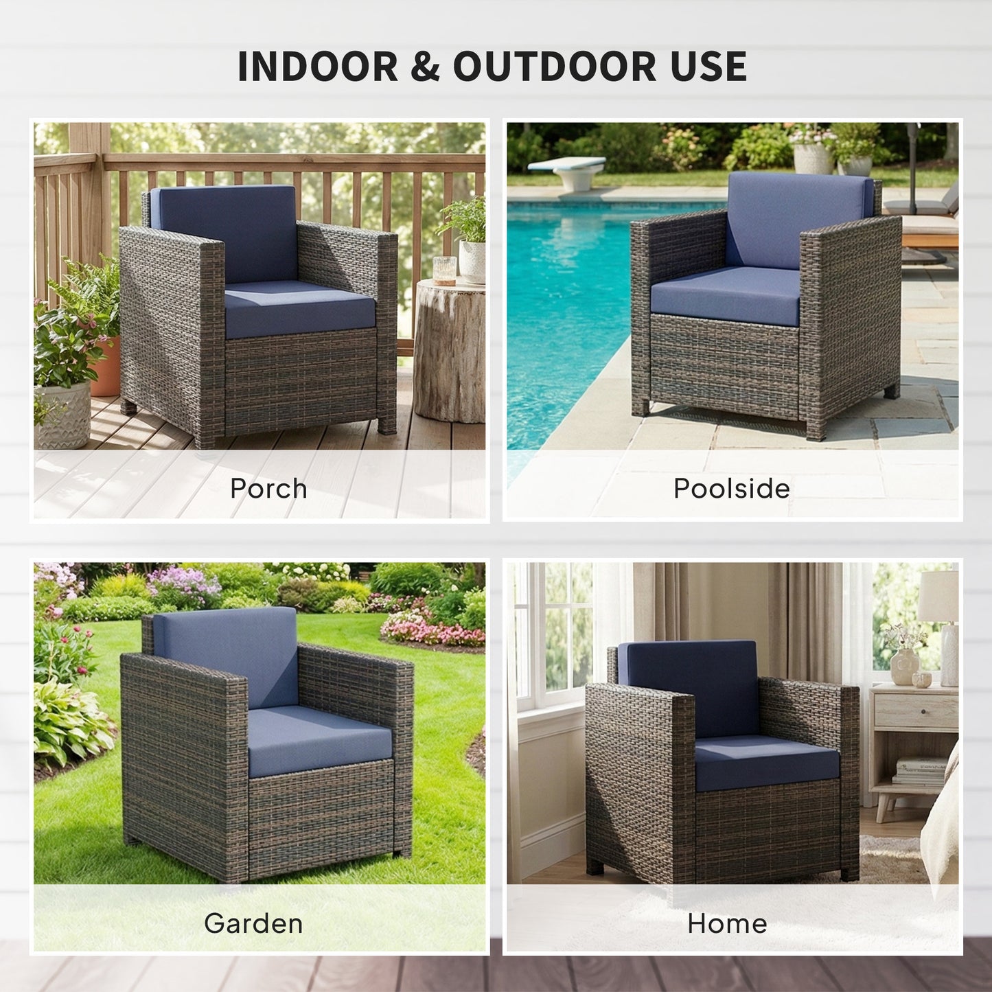 PE Rattan Garden Armchair with Cushion - Mixed Brown/Navy Blue