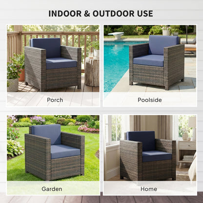 PE Rattan Garden Armchair with Cushion - Mixed Brown/Navy Blue