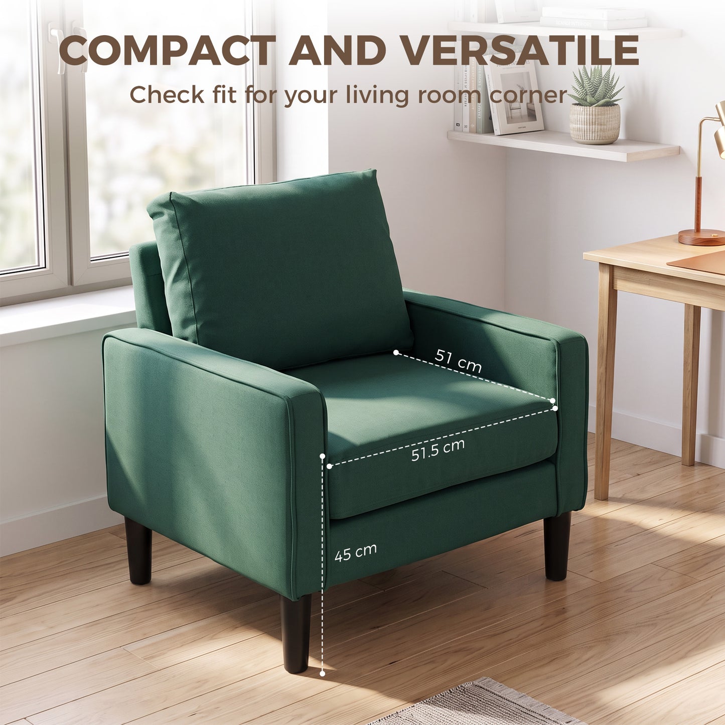 Accent Chair, Removable Pillow Linen Armchair with Comfy Spring Cushion for Living Room, Bedroom, Study, Dark Green