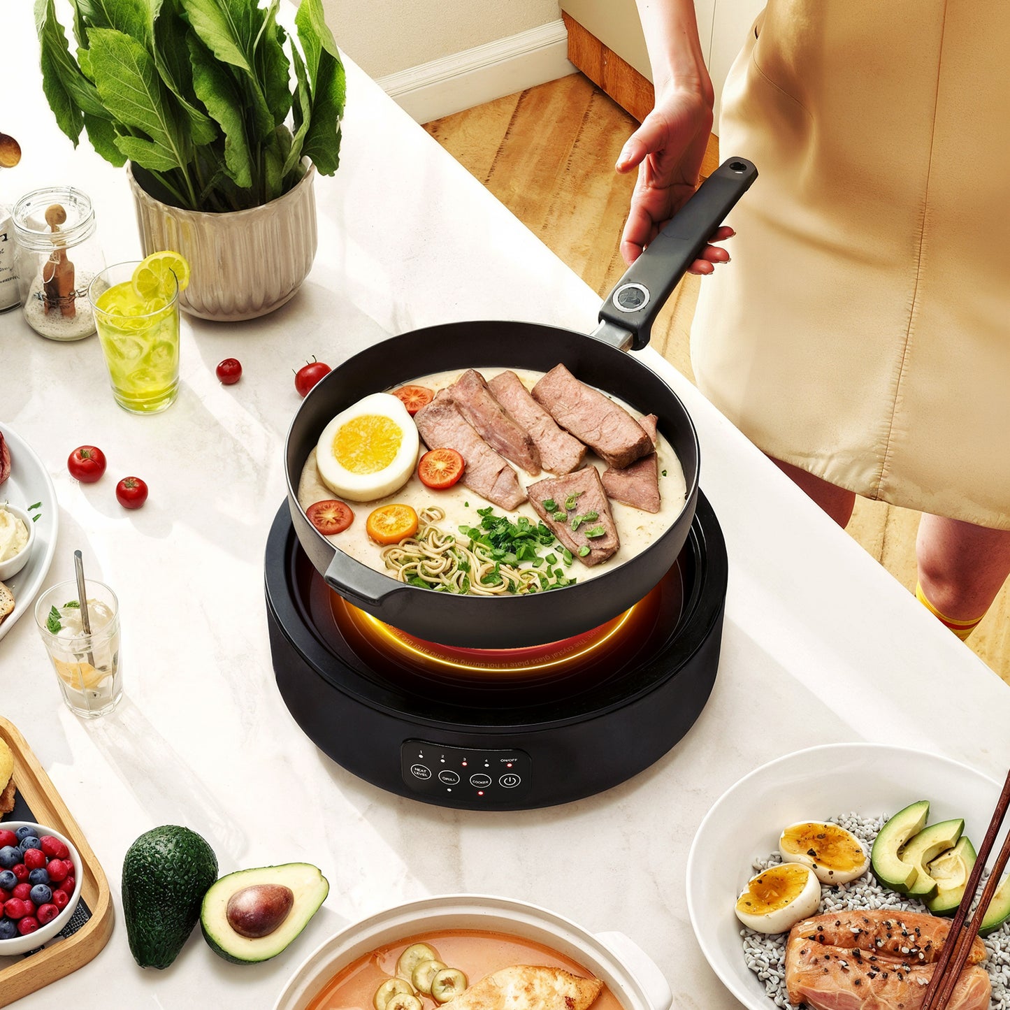 Electric Ceramic Hob with Grill Plate, Multifunctional 36cm Plug in Electric Hob with 4 Heat Levels for All Type Pot