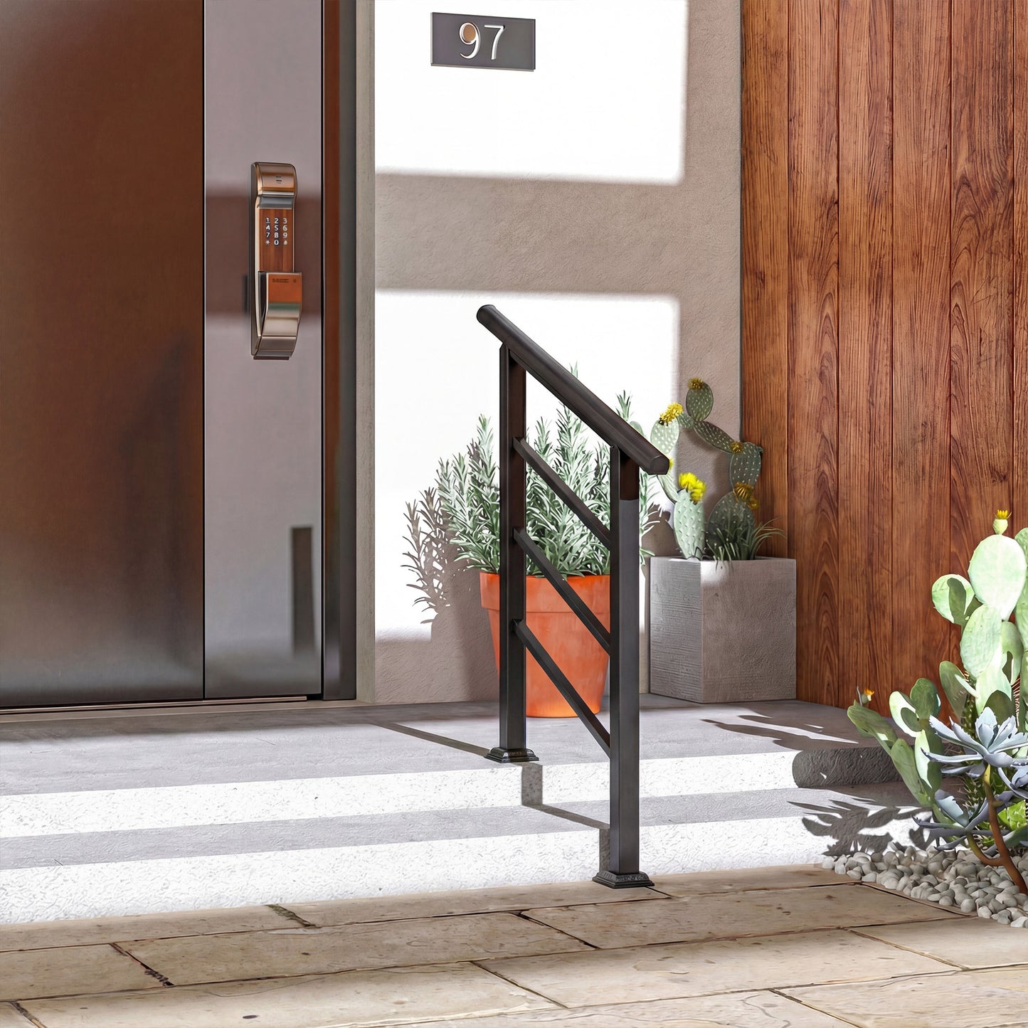 Outdoor Handrail for Stairs, 0°-45° Adjustable Wrought Iron Exterior Handrail, Fit 1 to 3 Steps Stair Railing